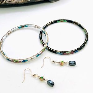Vintage Cloisonné 925 Earrings & Bangle Bracelet Stack